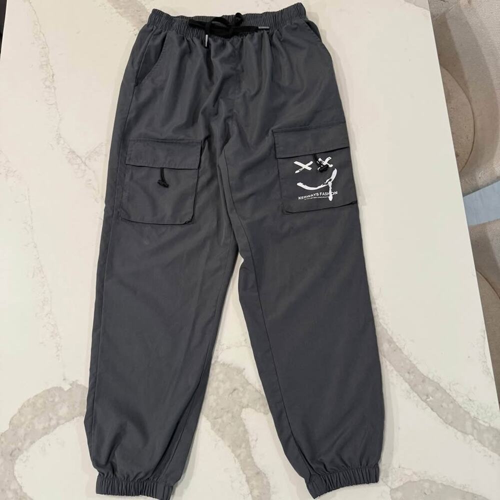SHEIN Casual Smile Printed Drawstring Cargo Jogger Pants Mens Large Gray Utility